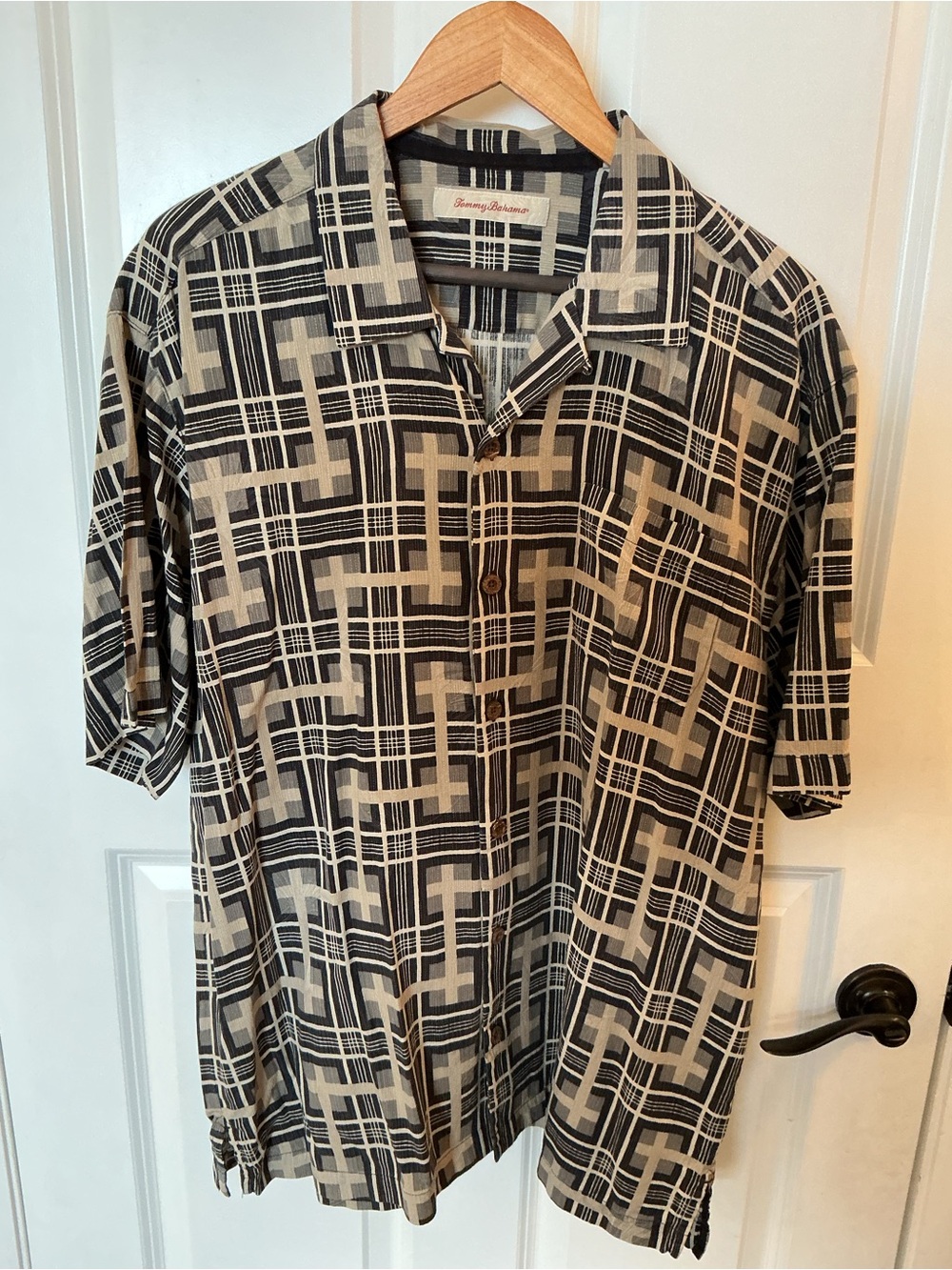 Tommy Bahama Black and Cream Geometric Short-Sleeve Camp Shirt